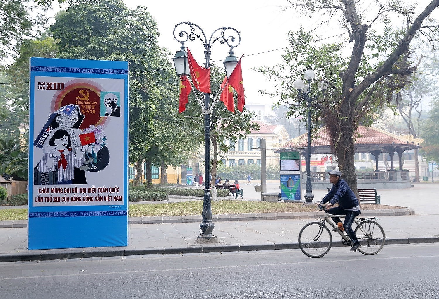 Calles de Hanoi decoradas con banderas nacionales y flores para dar la bienvenida al XIII Congreso del PCV hinh anh 3